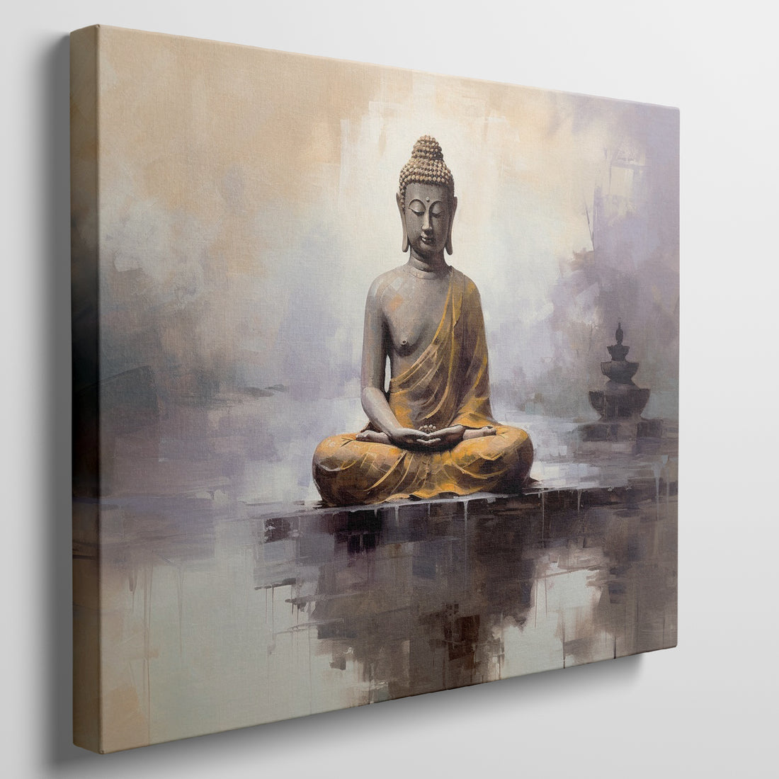 Framed canvas print of a meditative Buddha figure in golden and beige tones with a serene abstract background