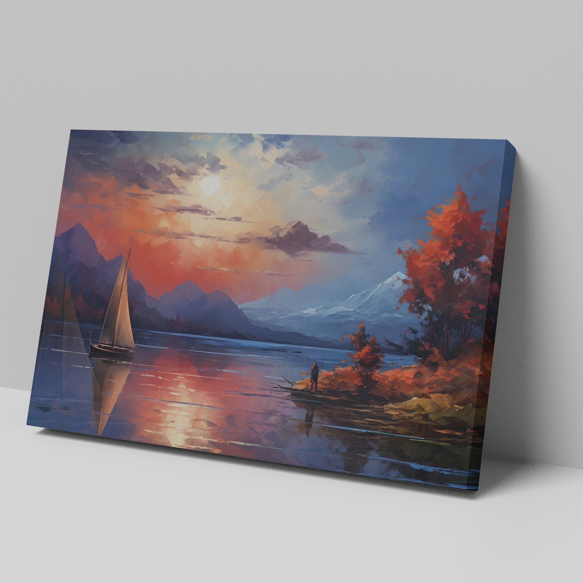 Framed canvas print of an impressionist landscape with a sailboat during sunset, featuring autumnal colours and mountain scenery