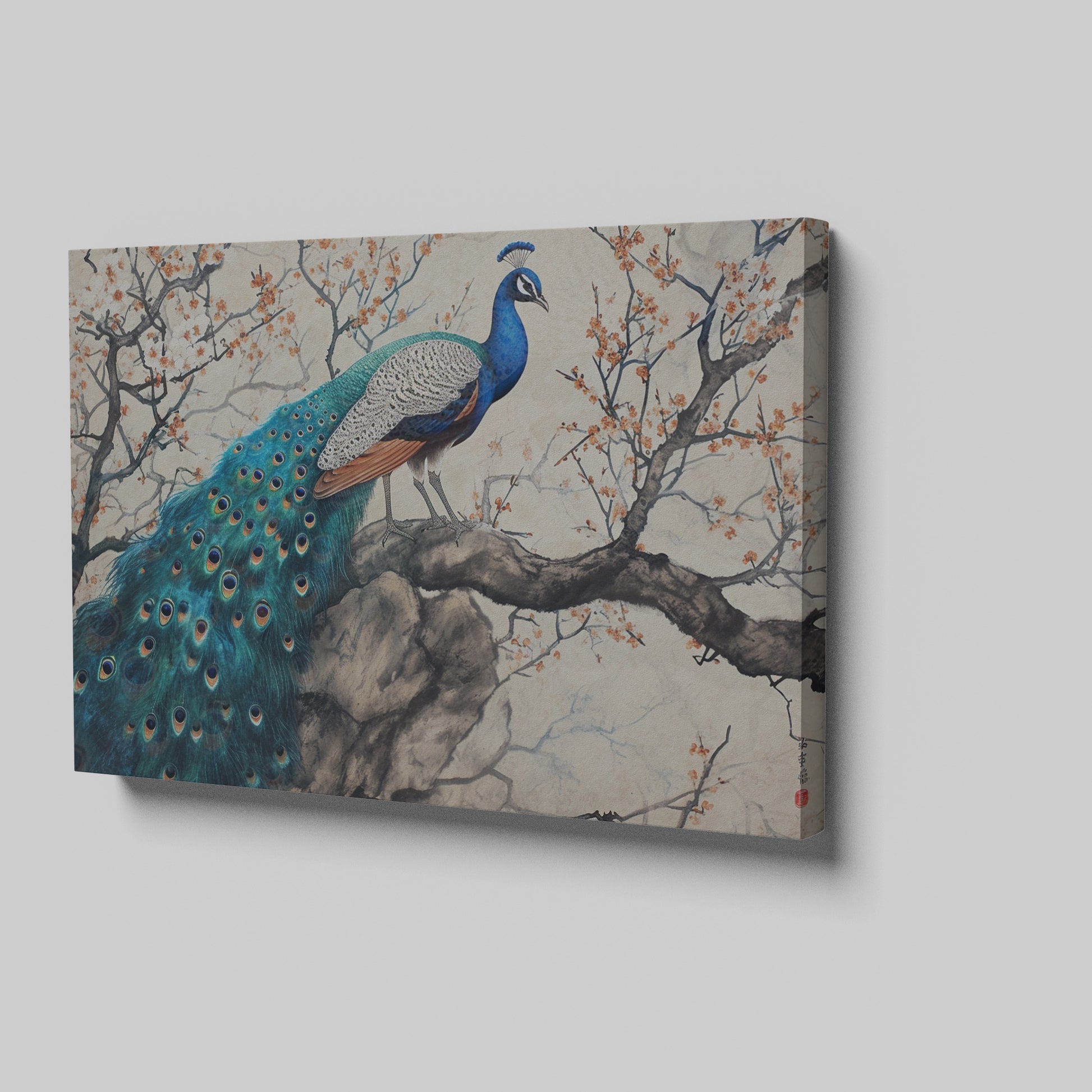 Framed canvas print of a peacock on a blossoming cherry tree with oriental art style