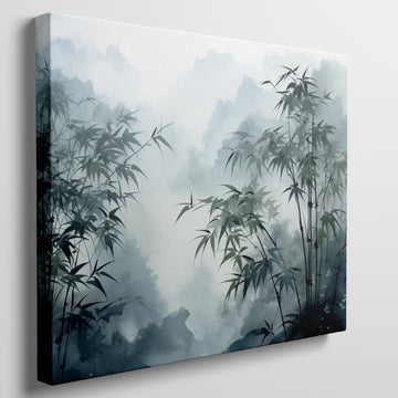 Framed canvas print of misty bamboo grove with mountains in the background