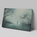 Framed canvas print of a mystical figure amidst ethereal trees and reflective waters, in pastel shades of blue and grey