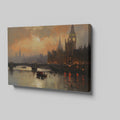 Framed canvas print of London's Westminster and Big Ben at sunset with orange and warm tones reflecting on the Thames River