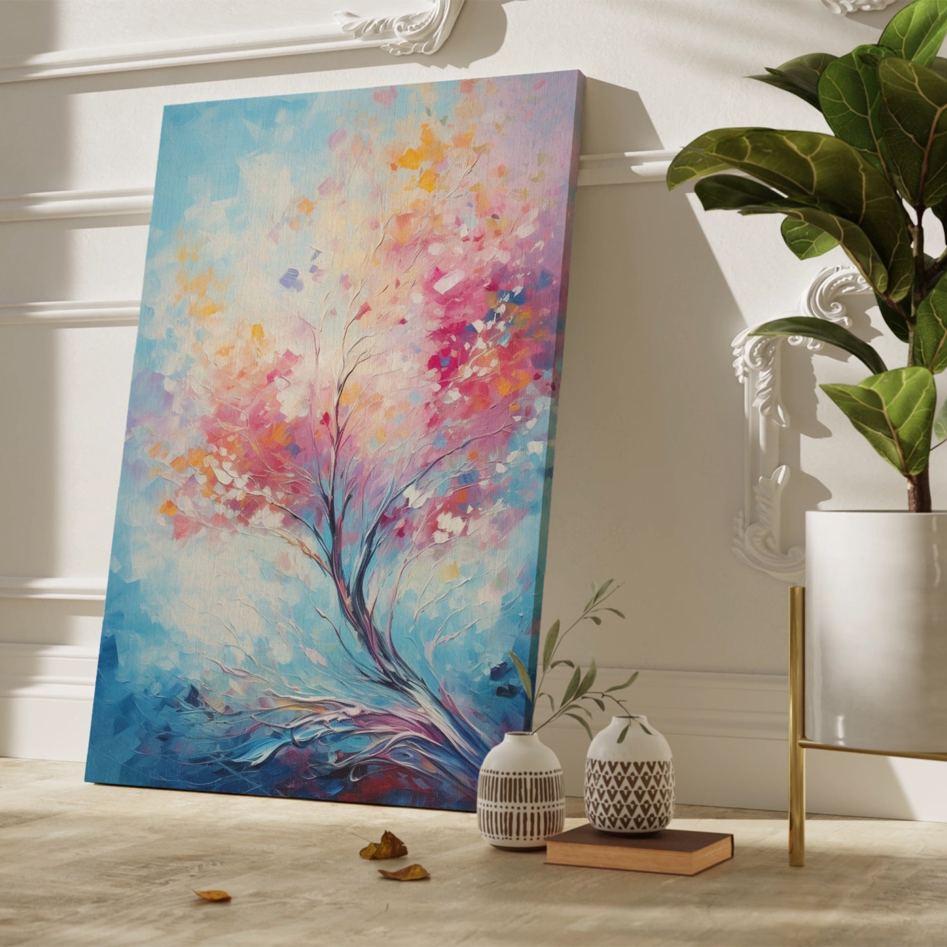 Framed canvas print of an abstract impressionist tree with vibrant pink, orange, and blue colours