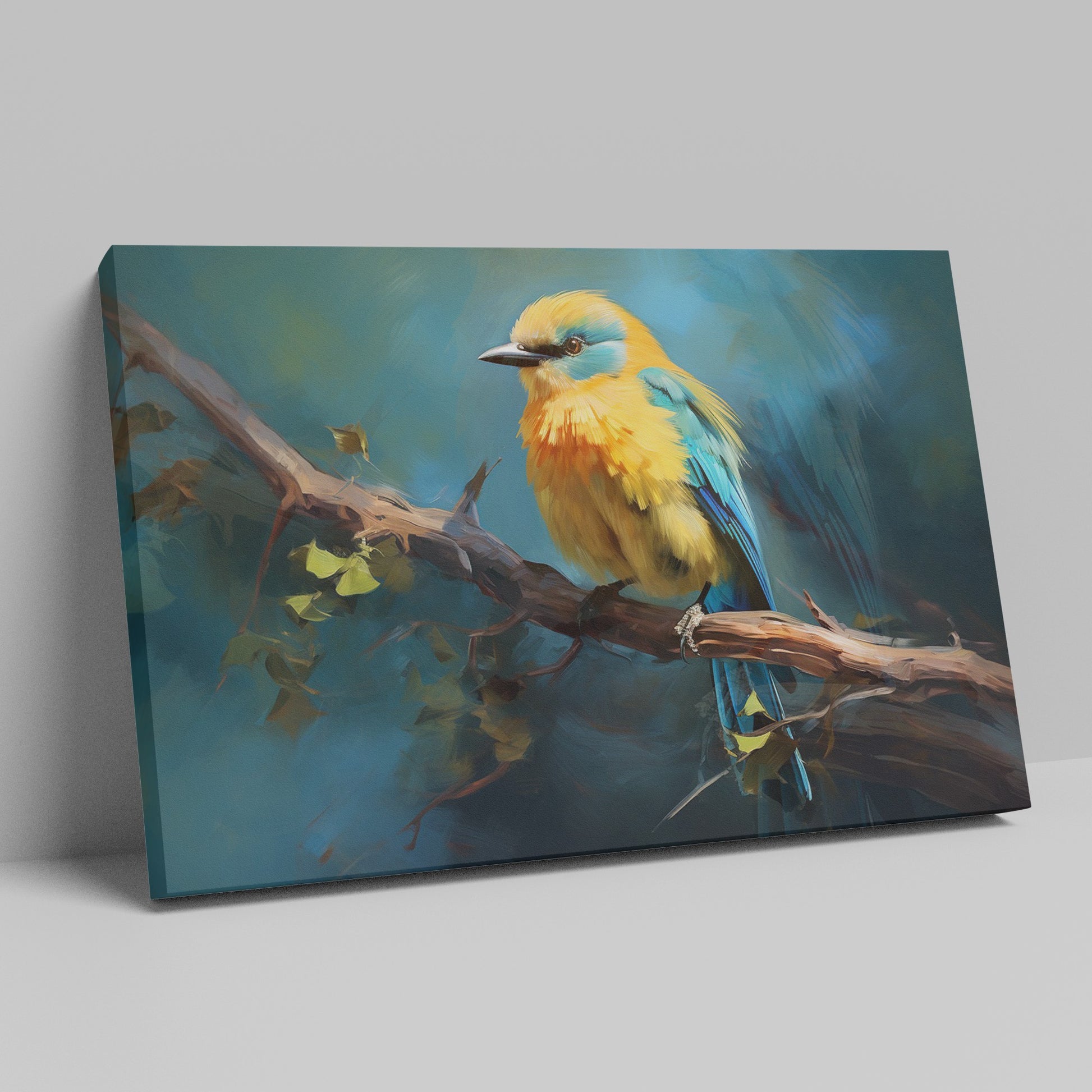 Framed canvas print of a vibrant blue and yellow bird perched on a tree branch with green leaves