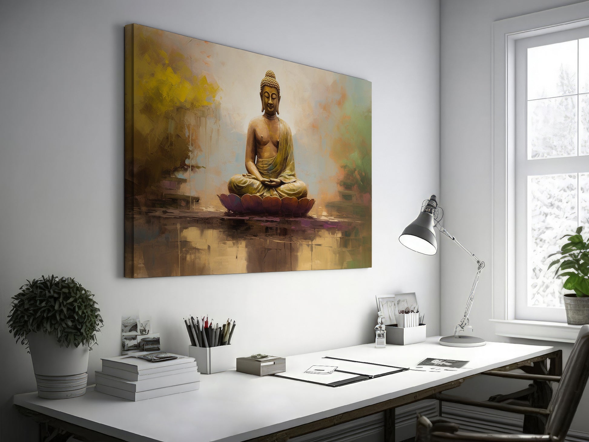 Framed canvas print of serene meditating Buddha in golden hues with reflective background