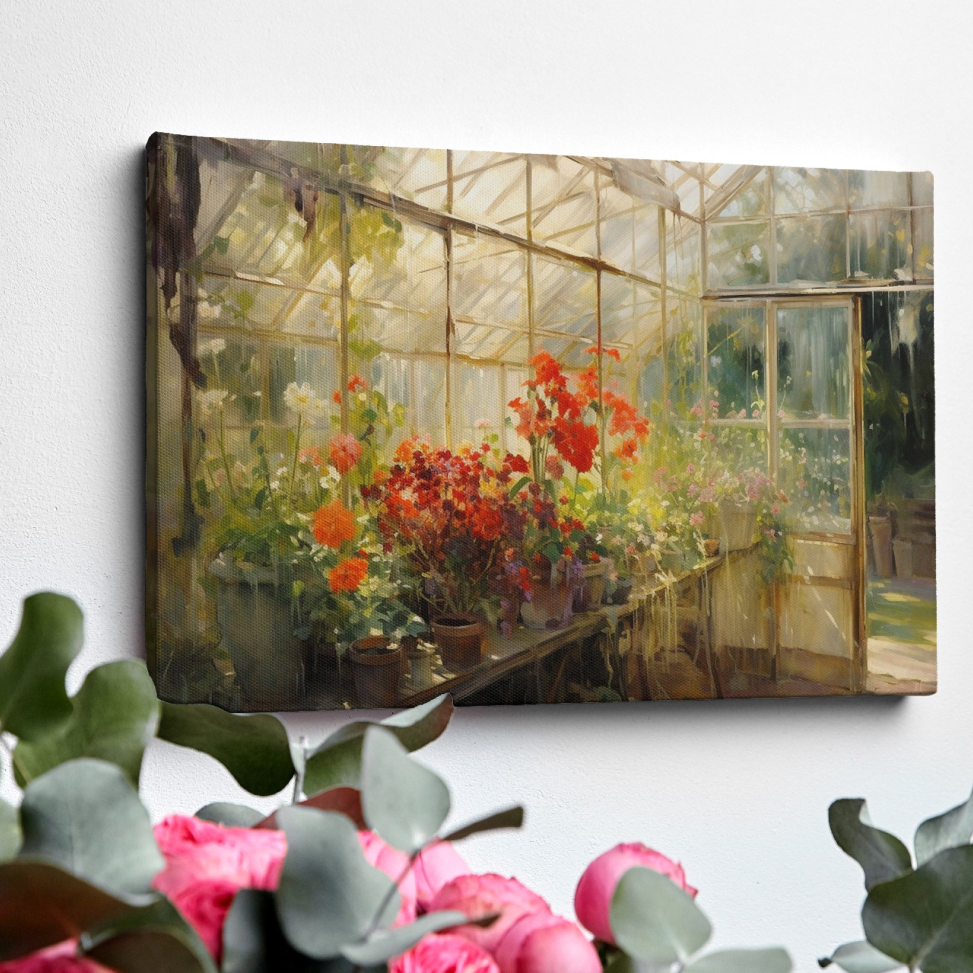 Framed canvas print of a vibrant greenhouse scene with blooming flowers and sunlit warmth