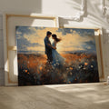 Framed canvas print of a couple embracing in a field at sunset with vibrant colours