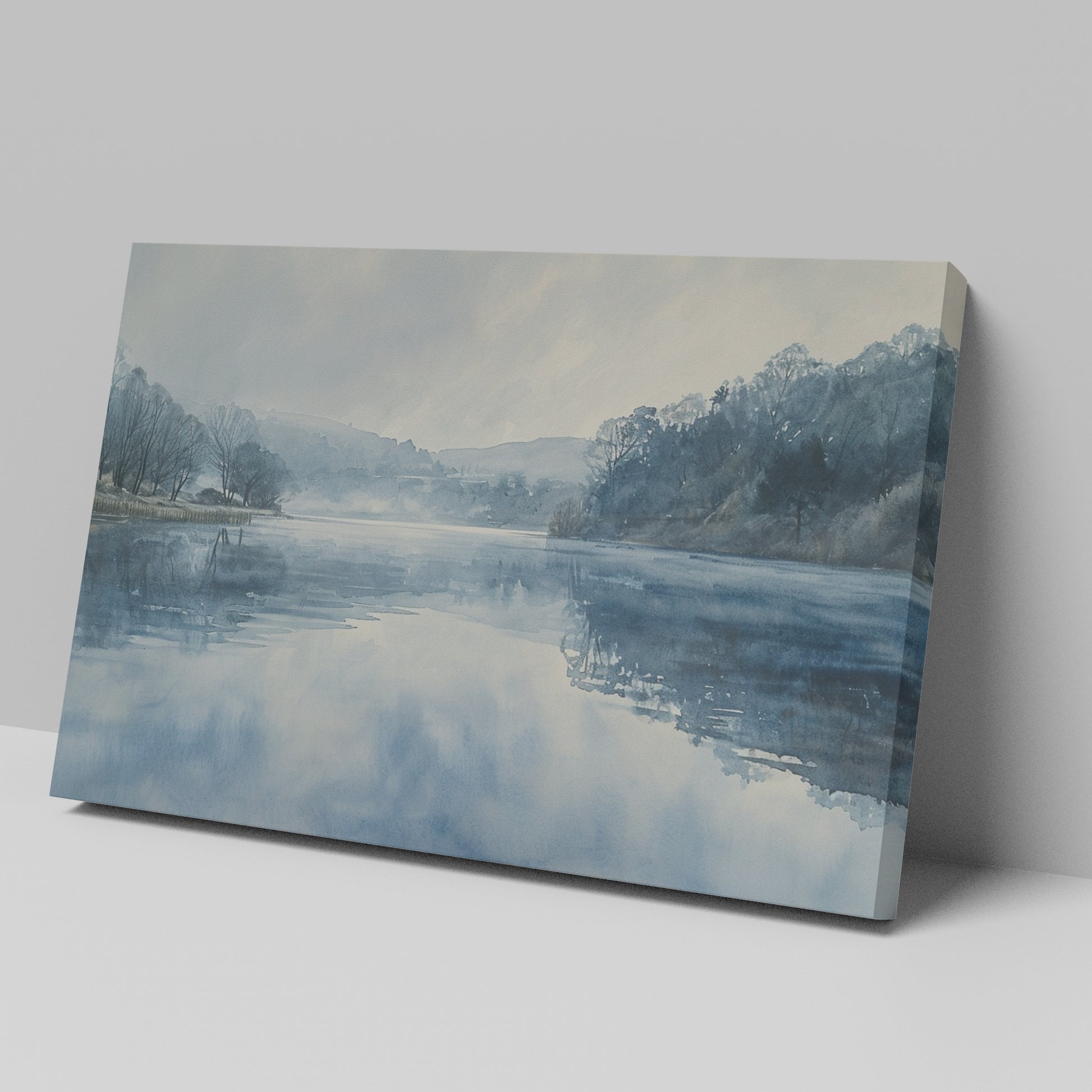 Framed canvas print of a serene lakeside watercolor painting with soft blue and grey tones