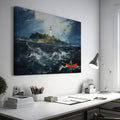 Framed canvas print of a stormy sea with a lighthouse on a cliff and a small boat navigating the waves