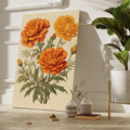 Framed canvas print of vintage illustrated marigold flowers in warm orange tones