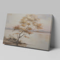 Framed canvas print of a tranquil lake landscape with an autumn tree at dusk