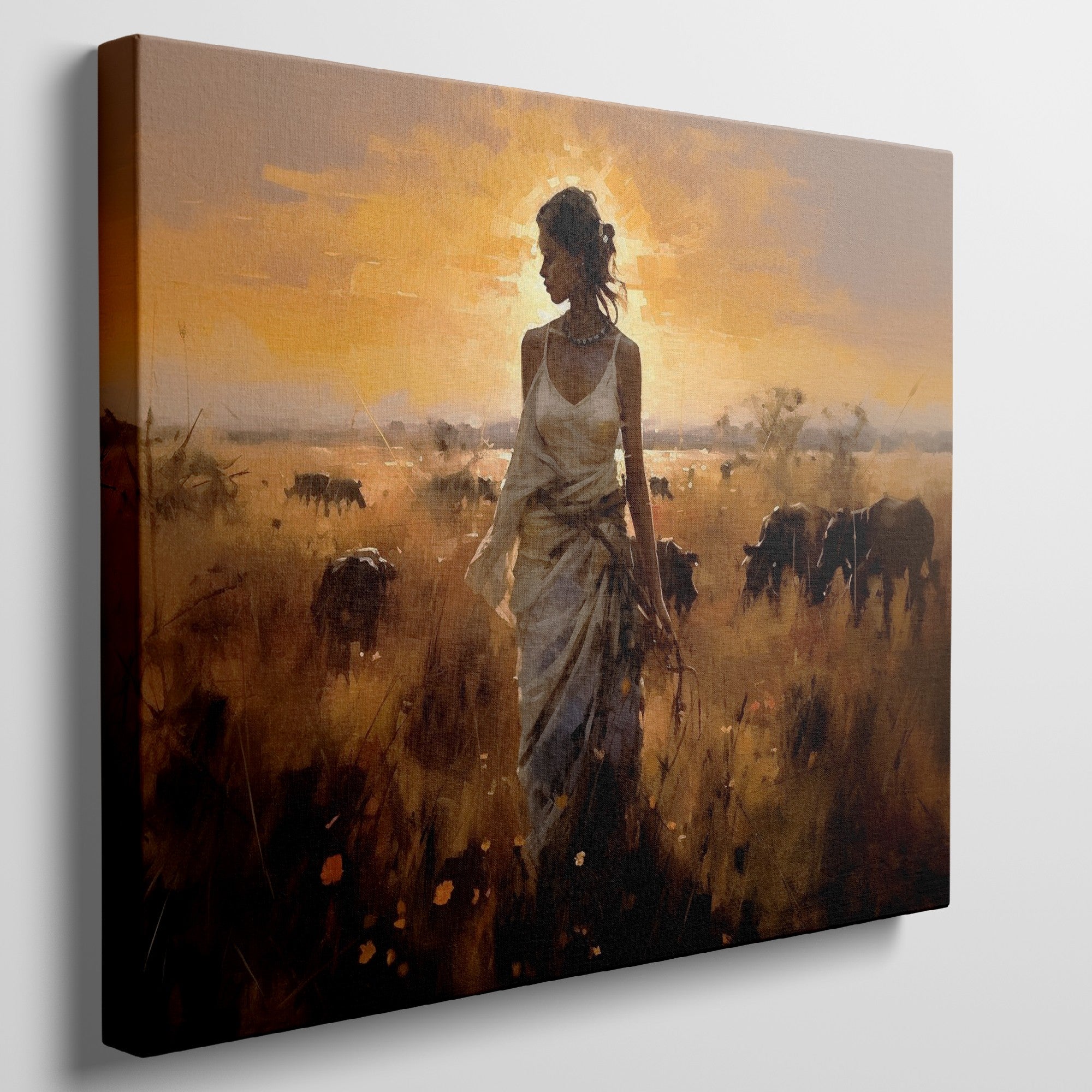 Framed canvas print of a figure in traditional attire at sunset with a savannah wildlife scene