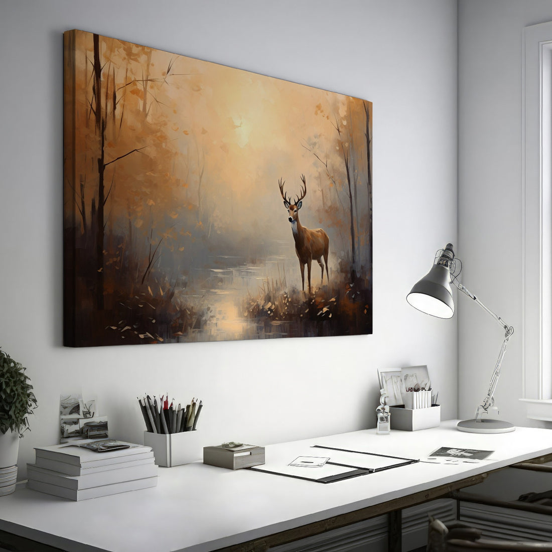 Digital painting of a majestic stag in a misty forest with a warm golden and brown palette