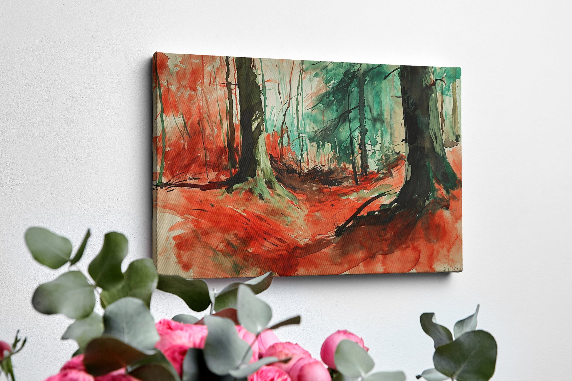 Framed canvas print of an abstract watercolour forest in vibrant red and green hues