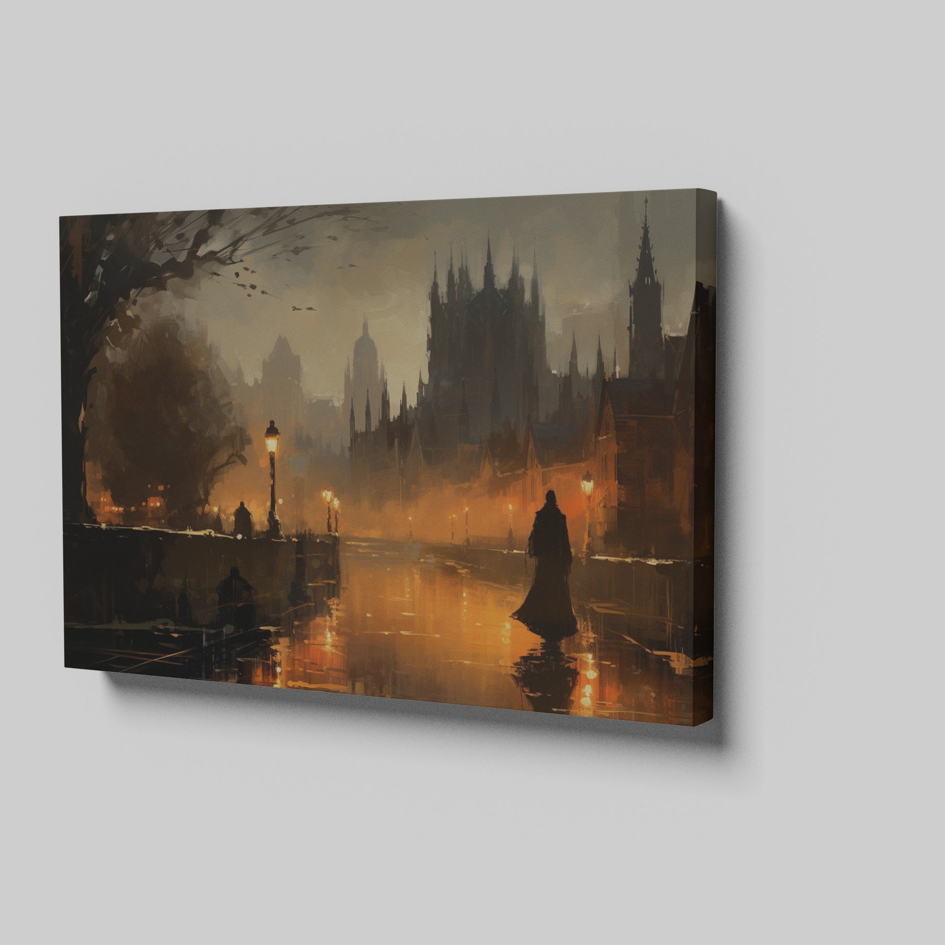 Framed canvas print of a gothic cityscape at twilight with warm glows and a shadowy figure