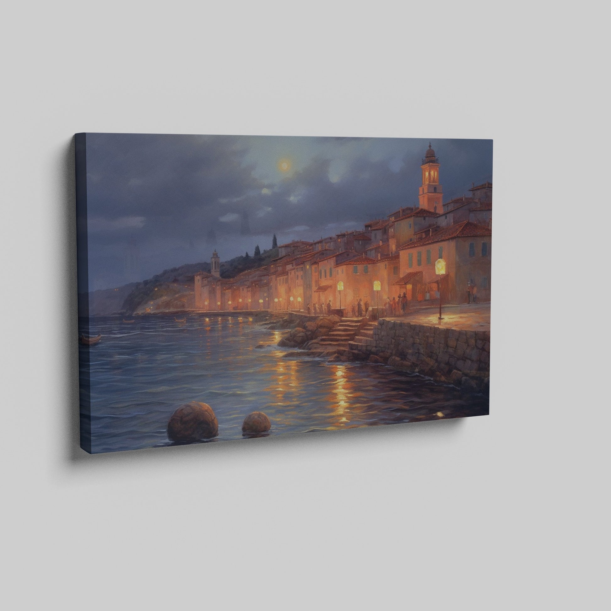 Framed canvas print of a moonlit Mediterranean coastal town with glowing street lamps