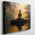 Framed canvas print of Buddha silhouette before an orange sunset with tree reflections on water