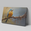 Framed canvas print of a realistic bluebird perched on a branch with vibrant blue and yellow colours