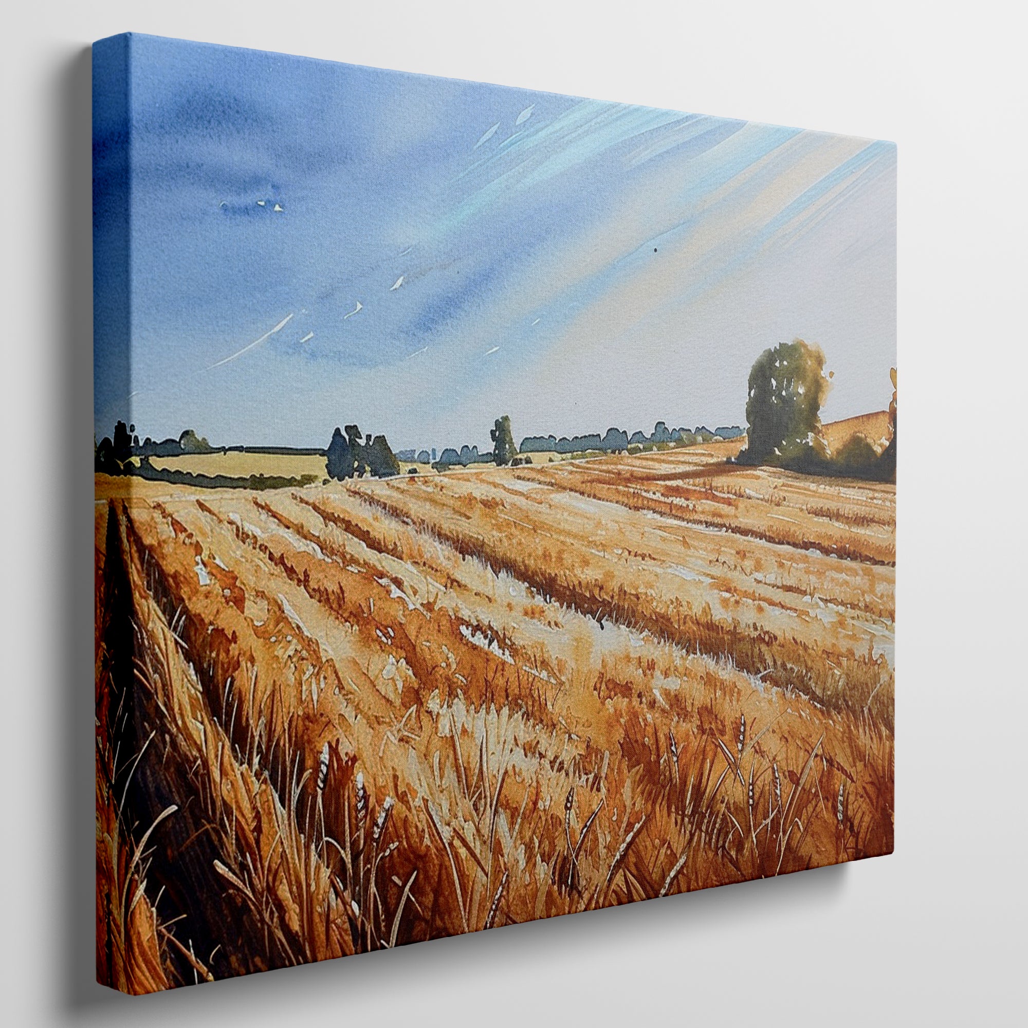 Framed canvas print of golden wheat fields under a blue sky in a rural landscape