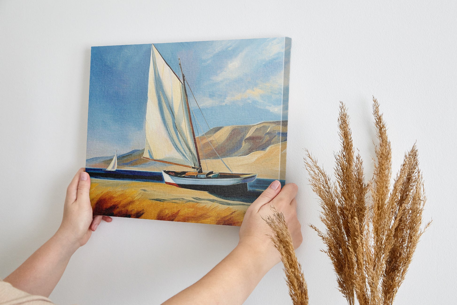 Framed canvas print of sailing boats with white sails against a backdrop of blue skies and dunes