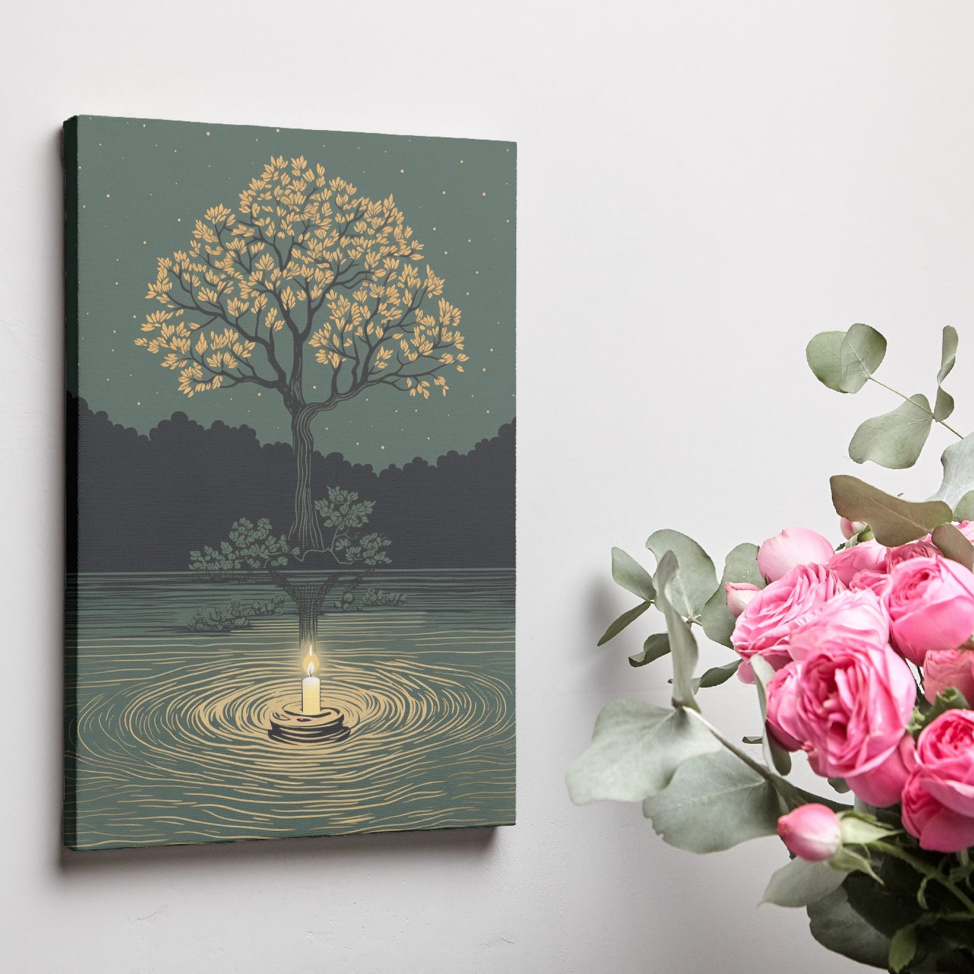 Framed canvas print of a candle's glow reflecting in water under a tree with golden leaves and a starry night