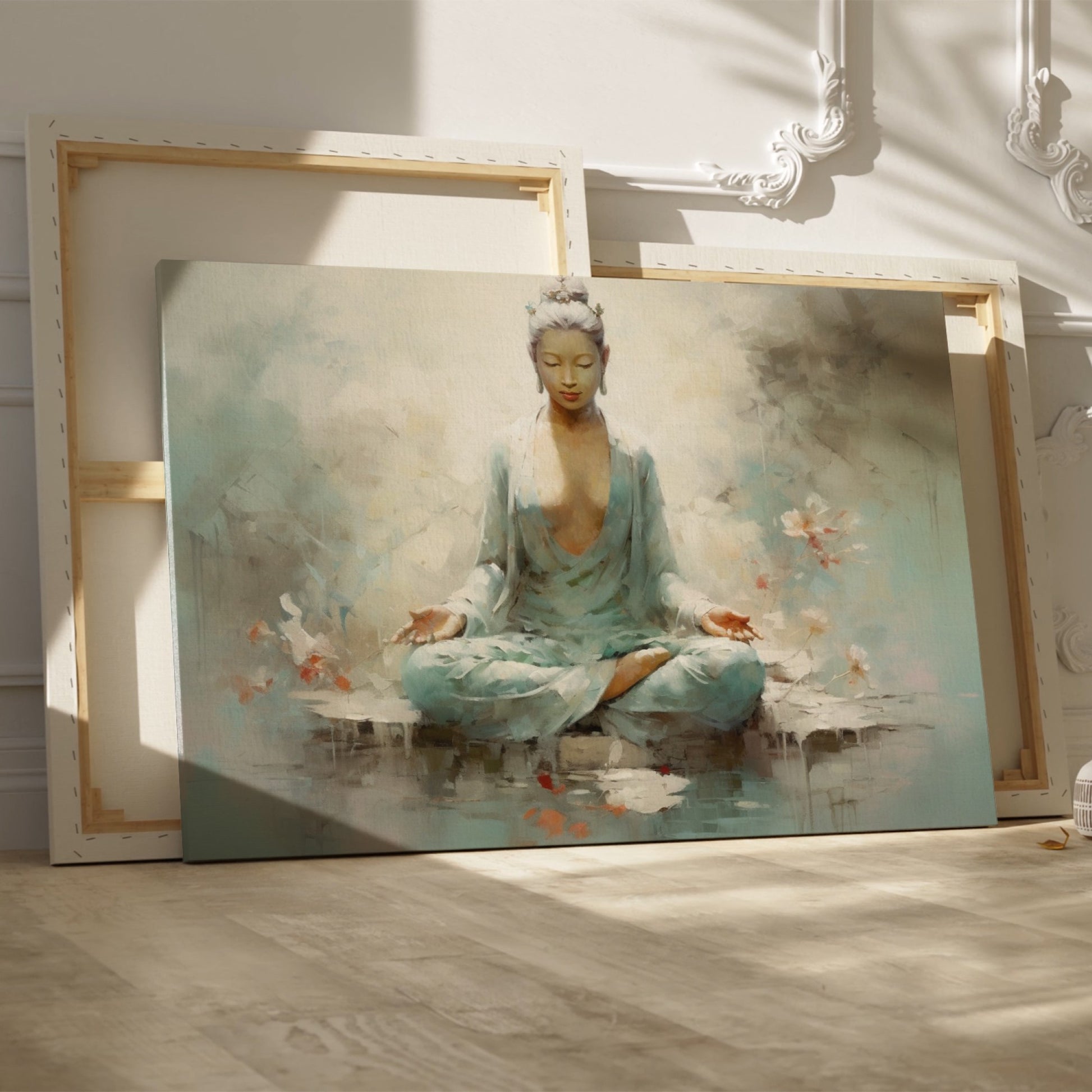 Framed canvas print of a meditative figure in serene surroundings with pastel colours