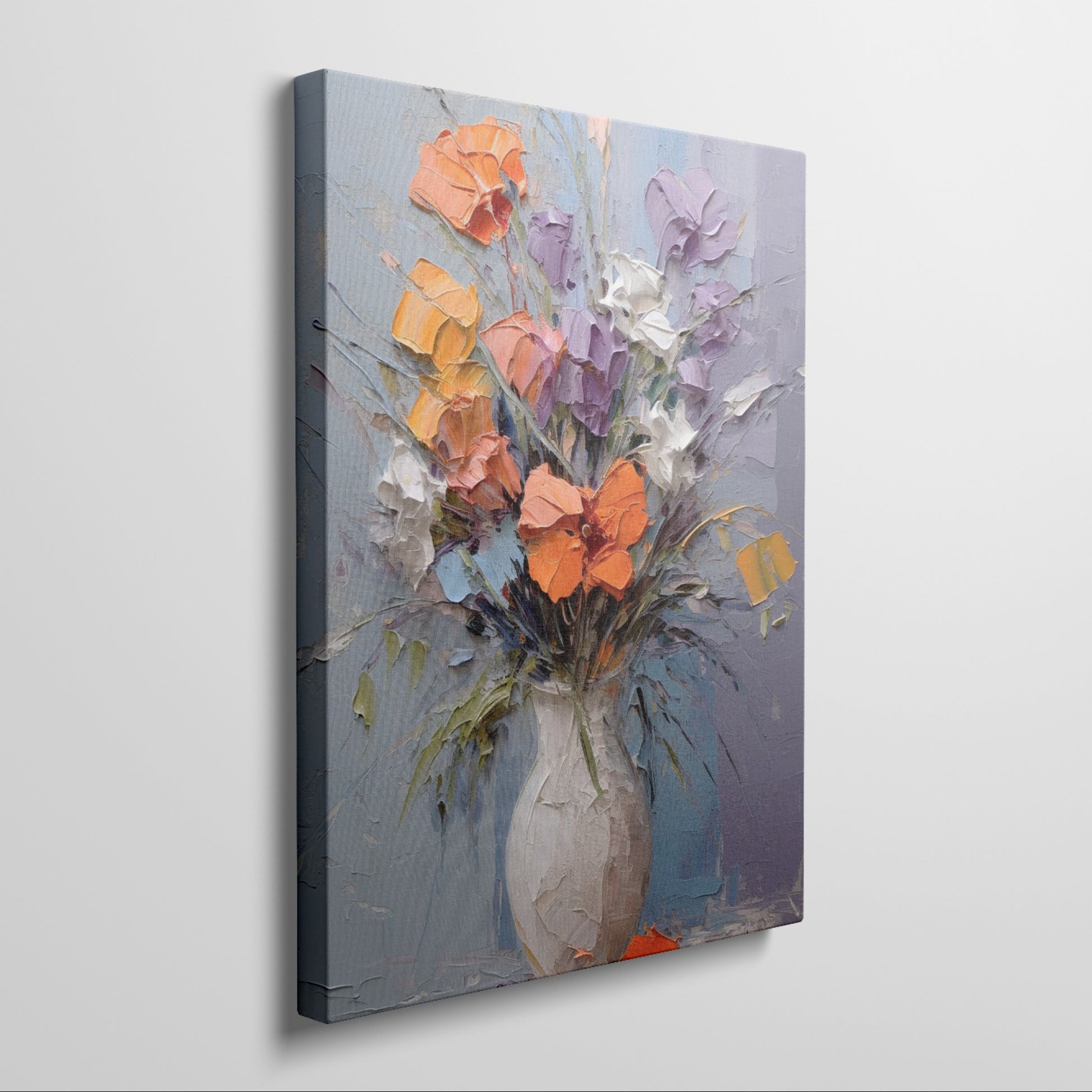 Framed canvas print of vibrant impasto flowers in a vase with rich textures