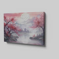 Framed canvas print of Oriental landscape with cherry blossoms and pagoda