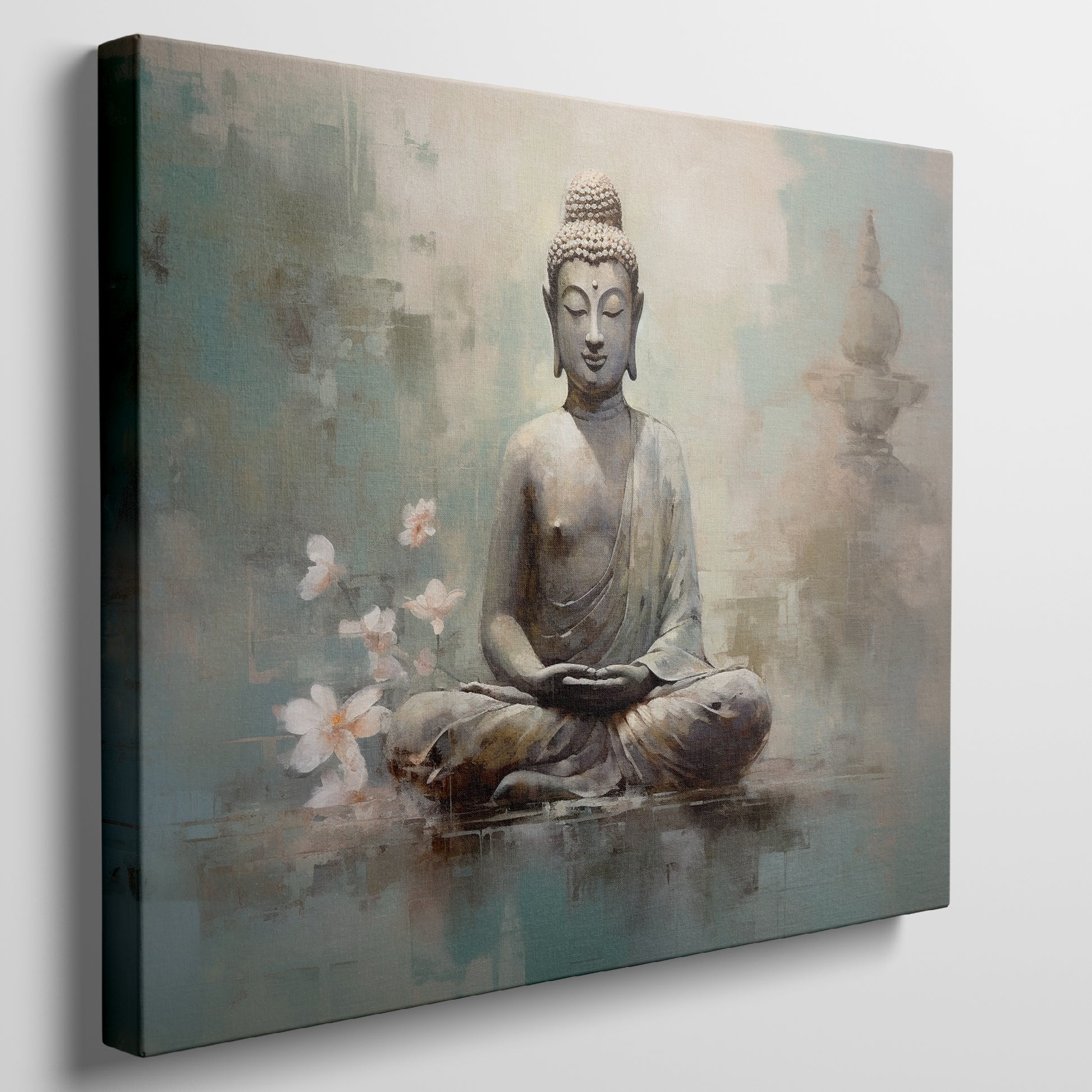 Framed canvas print of serene Buddha in meditation with pastel colours and cherry blossoms