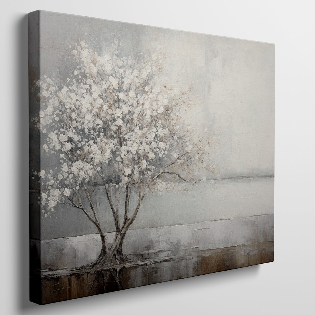 Textured painting of a tree with white flowers and its reflection on water, on a beige and brown background