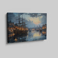 Framed canvas print of historical harbour at sunset with ships and city lights