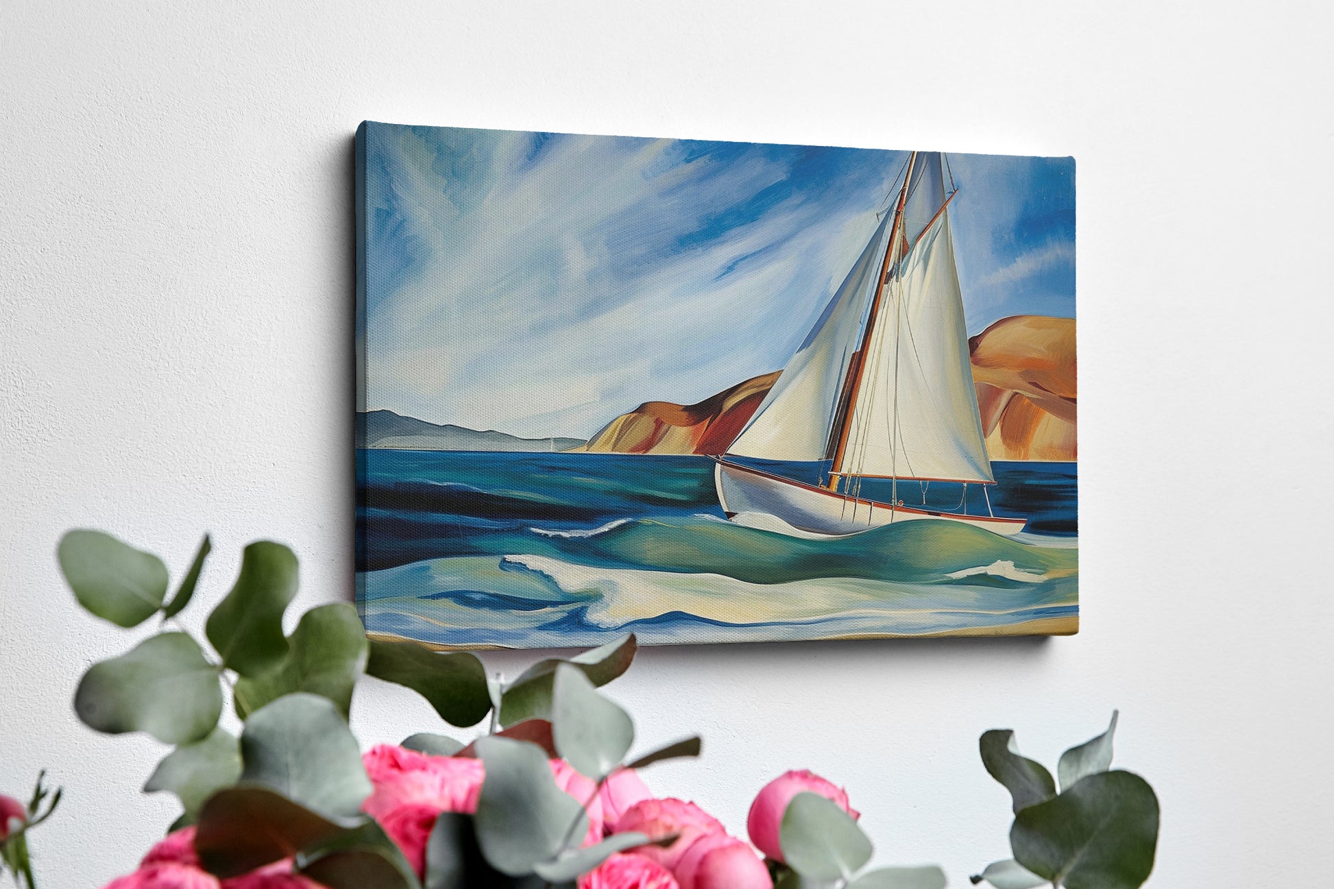 Framed canvas print of a vibrant sailboat sailing near a coastline with blue skies