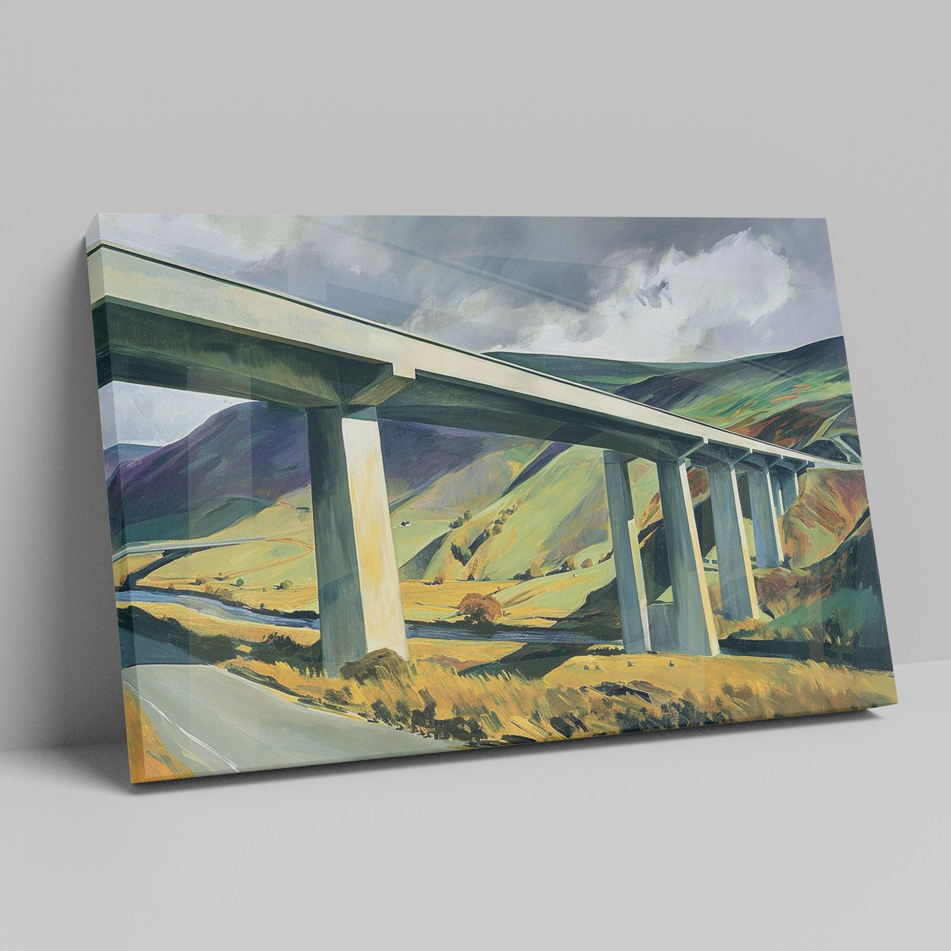 Framed canvas print of a modern landscape with a bridge over rural countryside