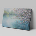 Framed canvas print of Cherry Blossoms by a Tranquil Lake with Pastel Colours