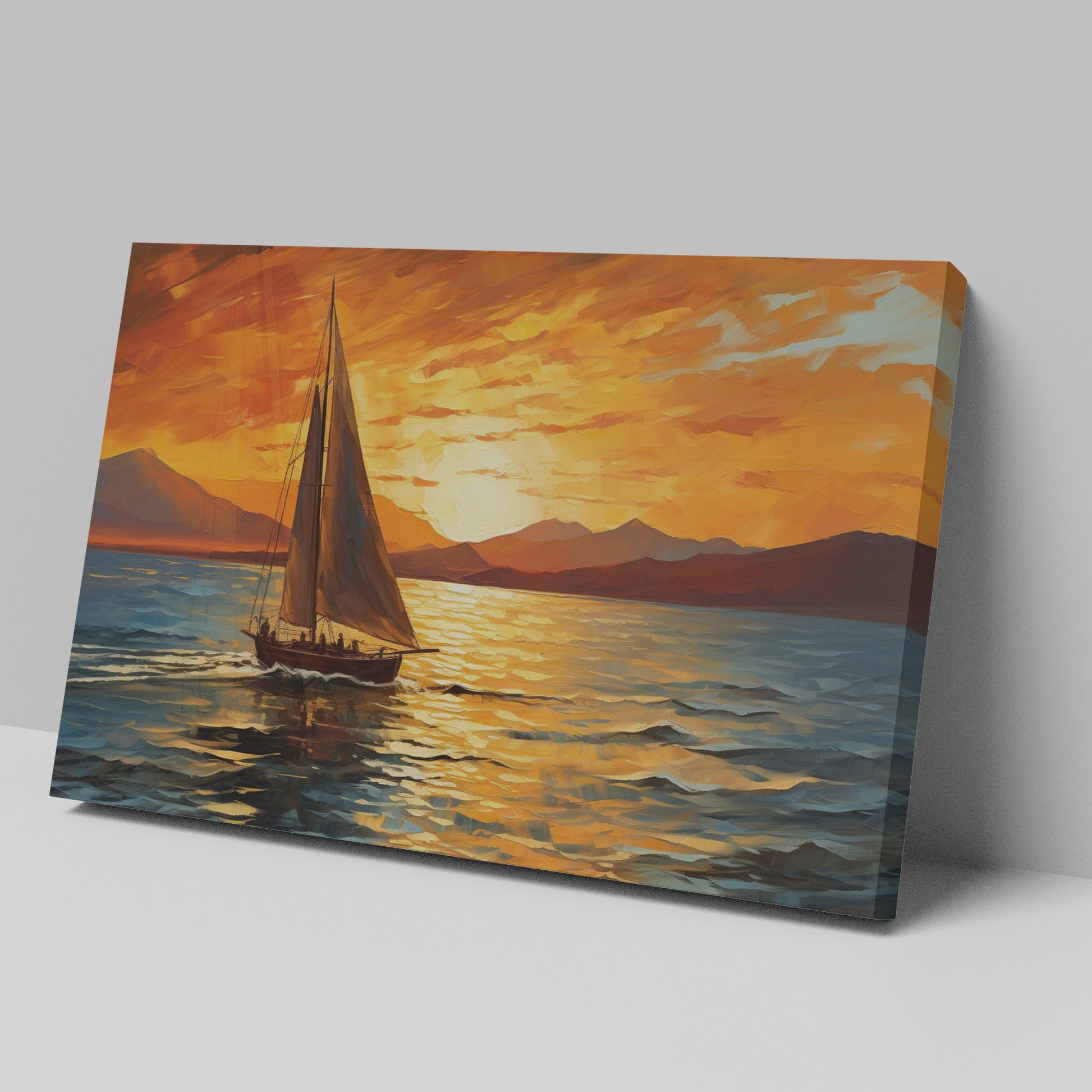 Framed canvas print of a sailboat against a vivid sunset with warm orange and blue tones