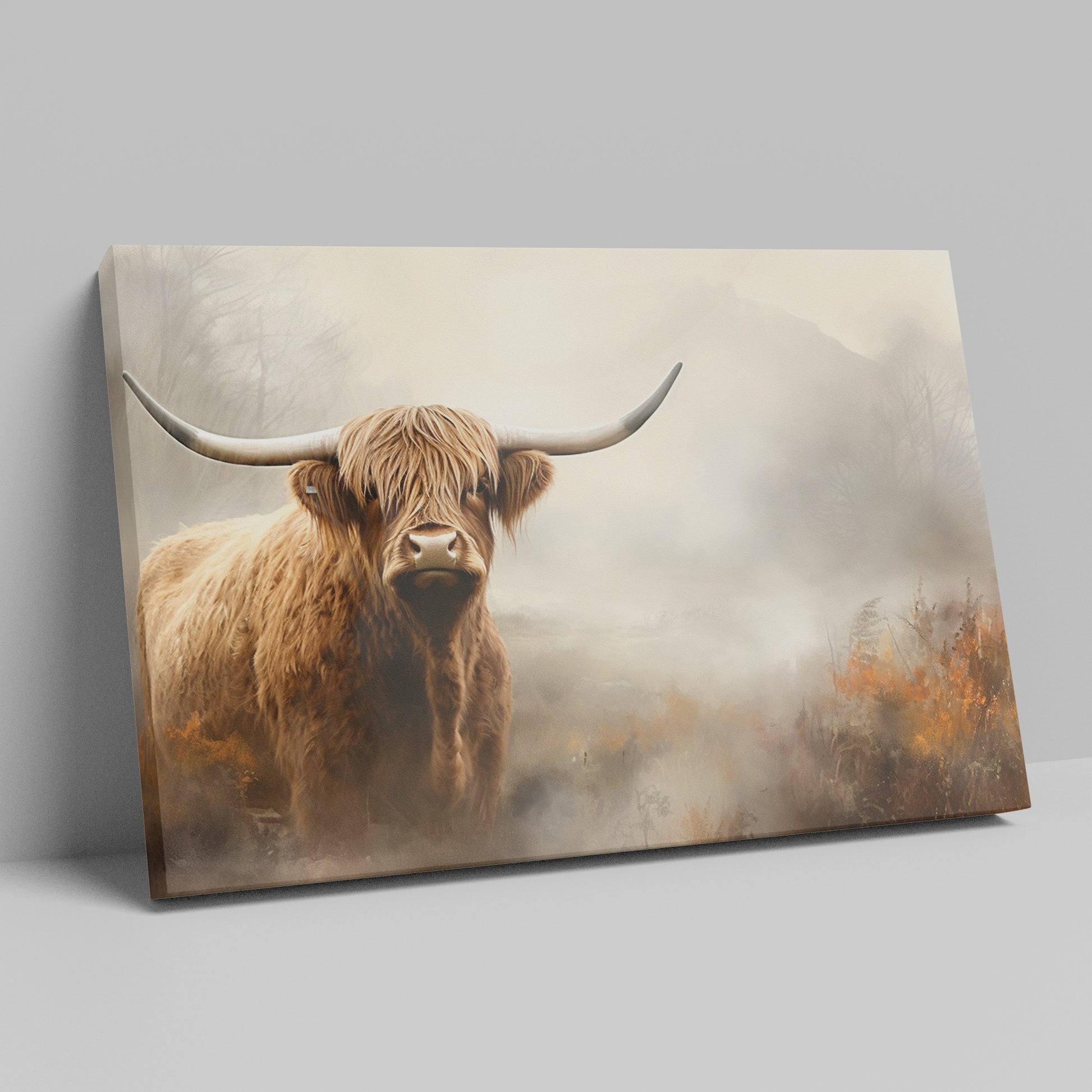 Framed canvas print of a majestic Highland Cow in a foggy autumnal landscape with warm earthy tones