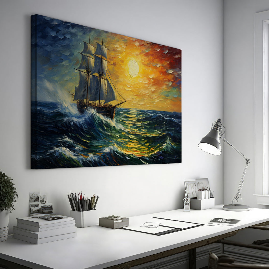 Framed canvas print of an impressionist painting featuring a sailing ship on vibrant sunset seas