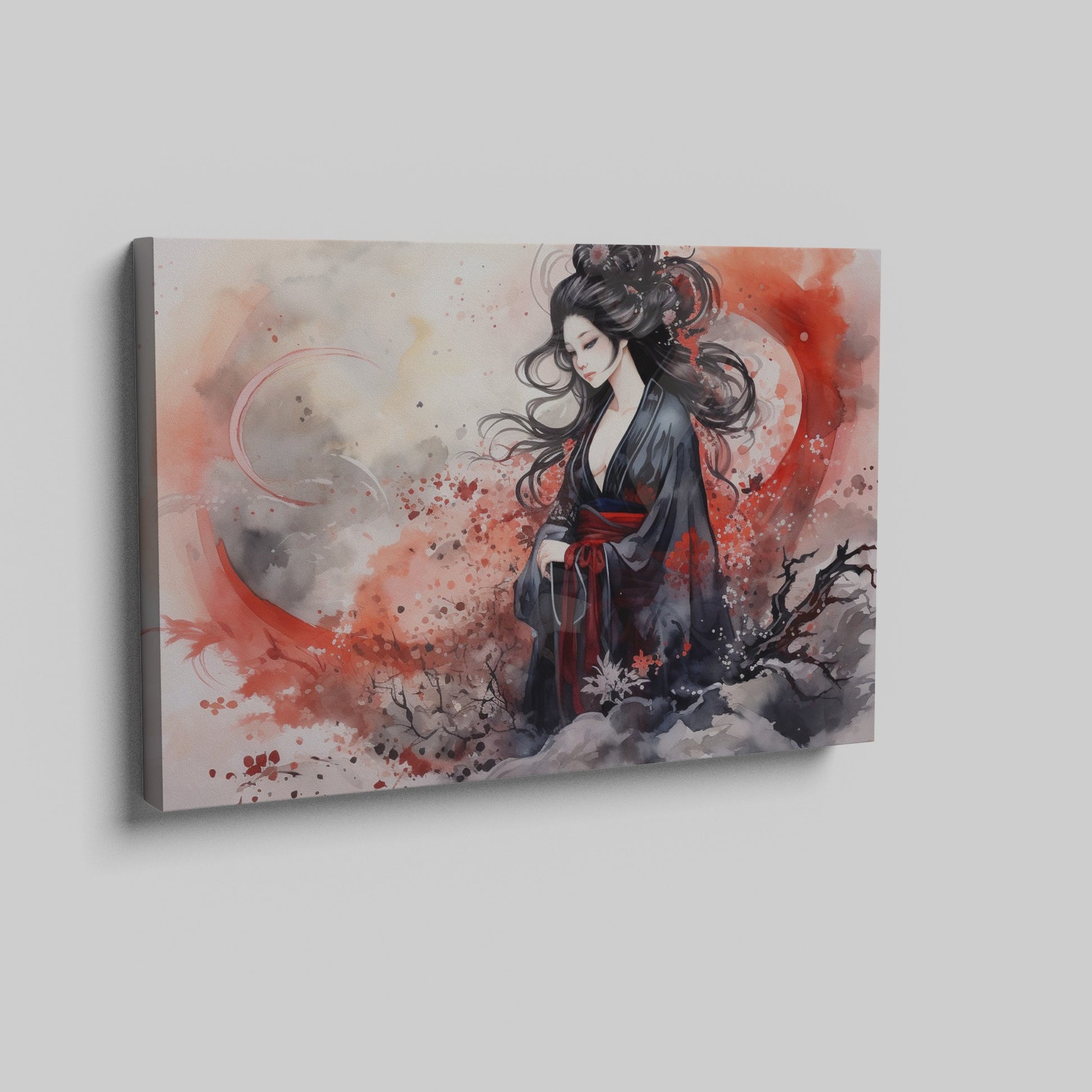 Framed canvas print of a traditional Japanese Geisha in watercolour with a misty backdrop of red and grey