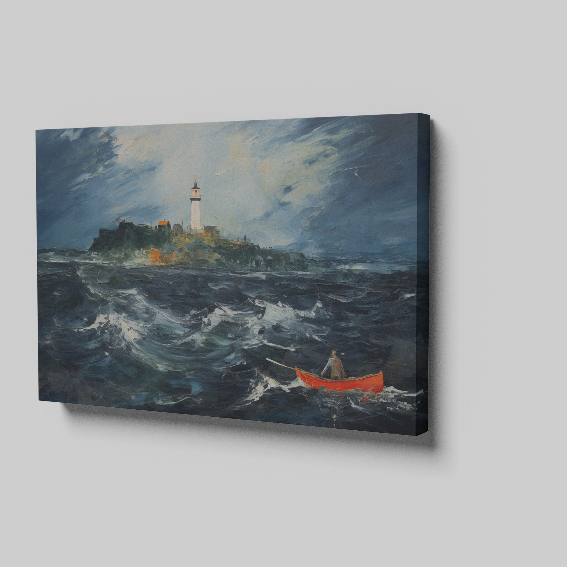 Framed canvas print of a stormy sea with a lighthouse on a cliff and a small boat navigating the waves