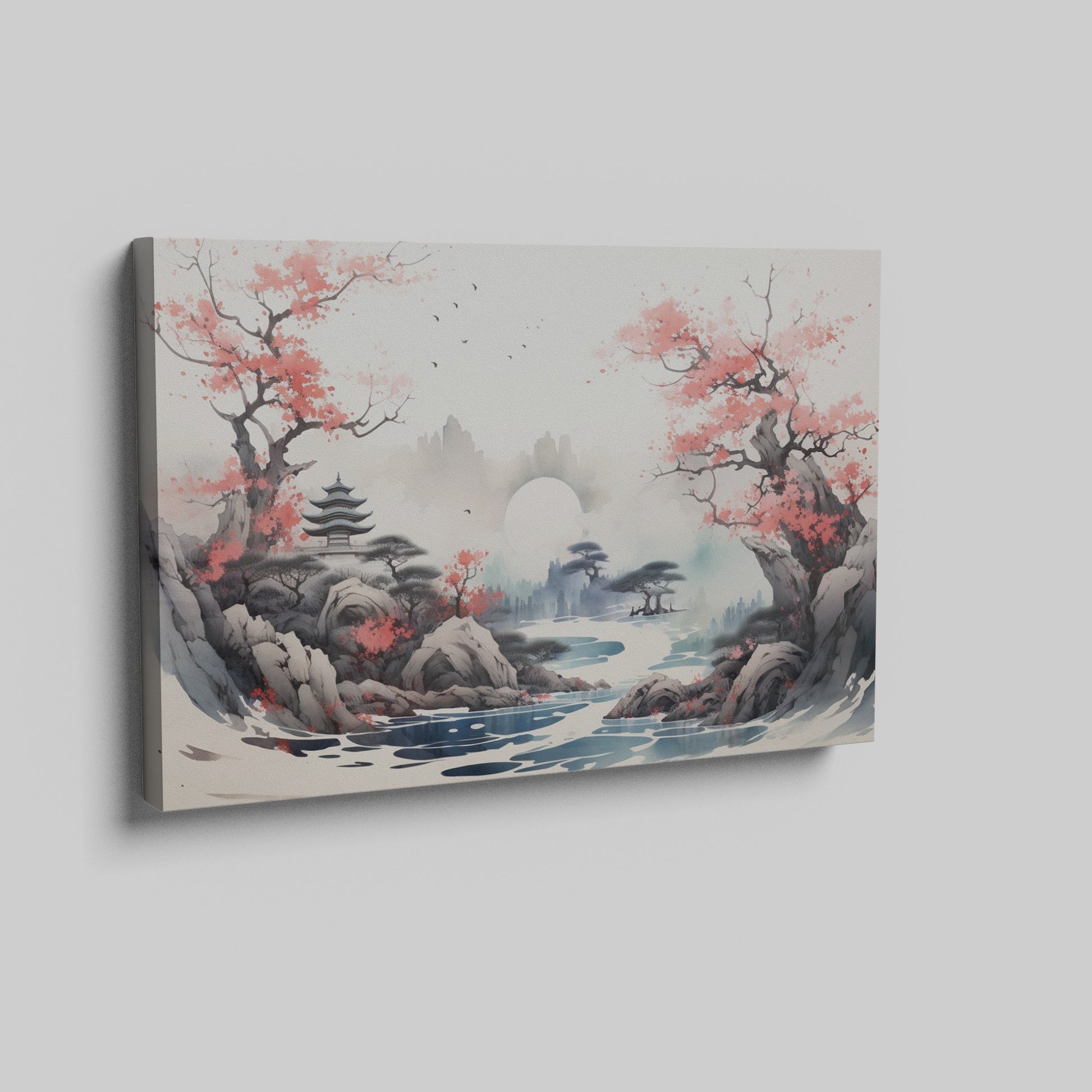 Framed canvas print of Oriental landscape with cherry blossoms and pagoda