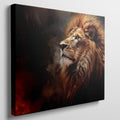 Framed canvas print of a realistic lion portrait with fiery mane