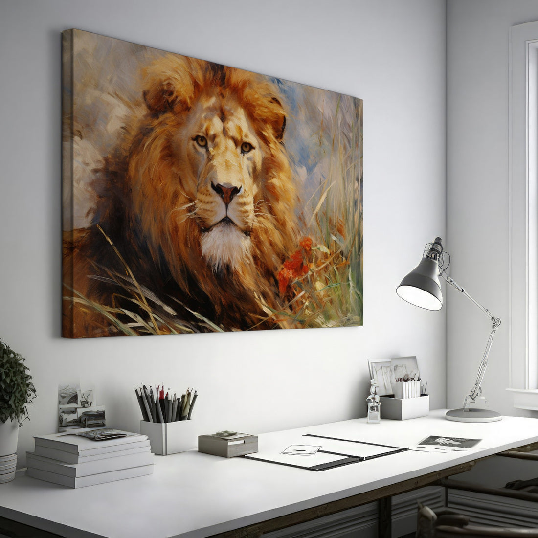 Framed canvas print of a realistic lion portrait in warm, earthy tones set in a savannah backdrop