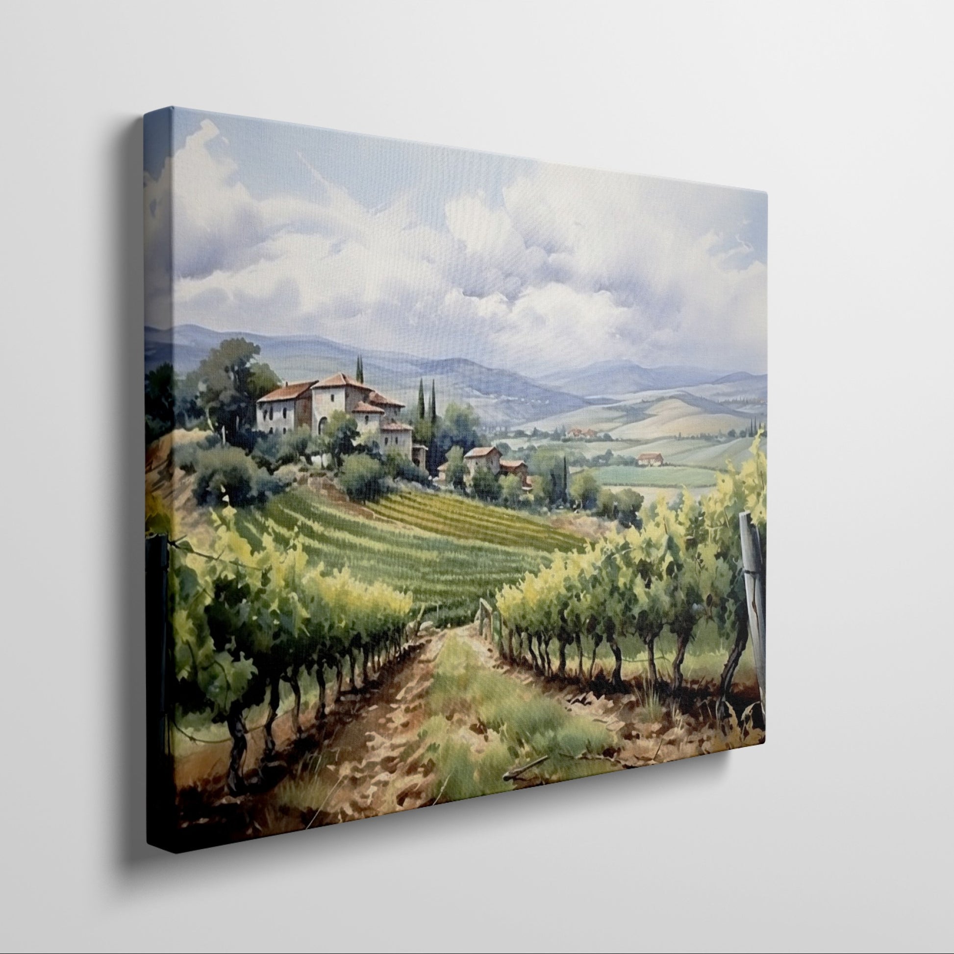 Framed canvas print of a lush Tuscan vineyard landscape with green vine rows and rustic farmhouse