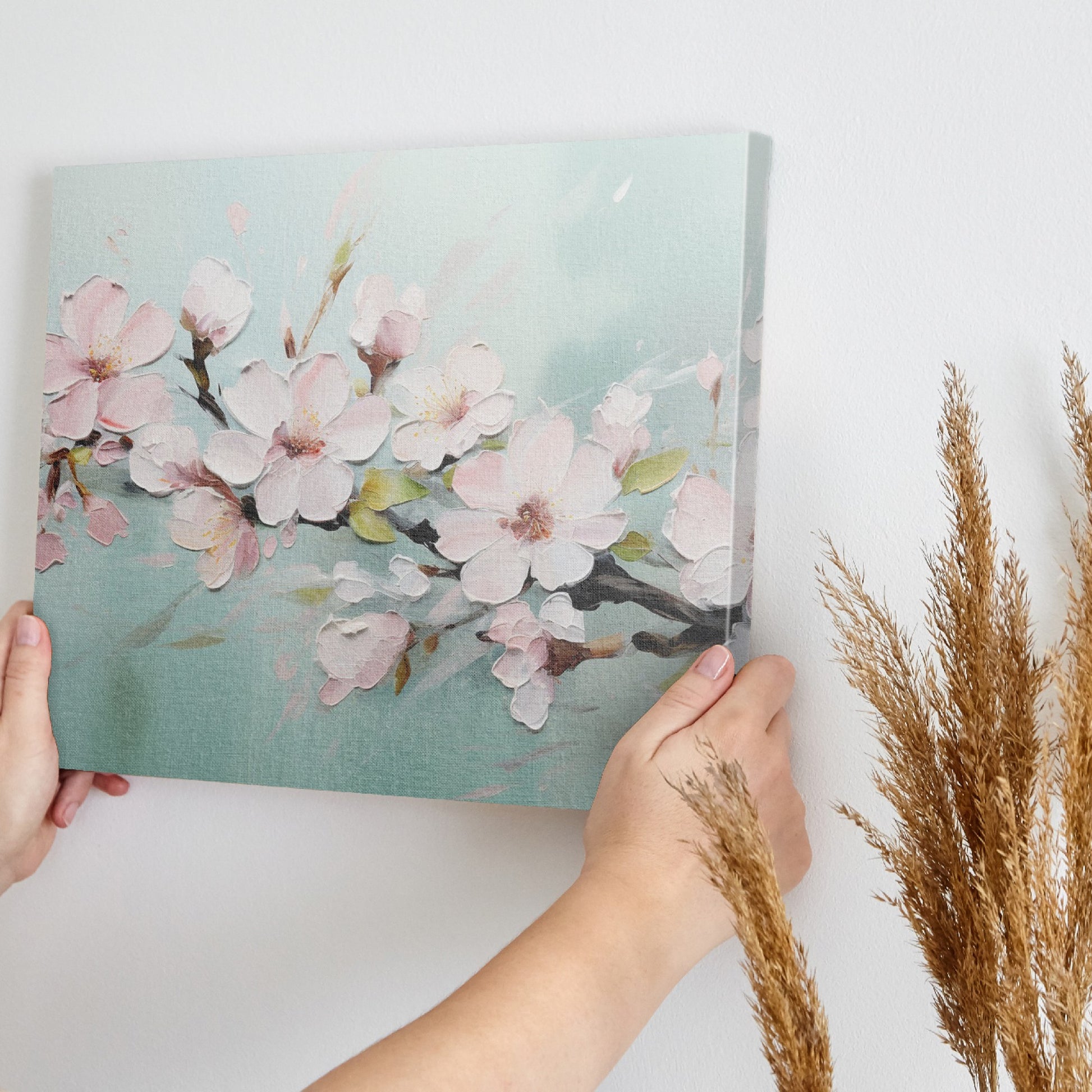 Framed canvas print of pastel cherry blossom flowers in impasto style