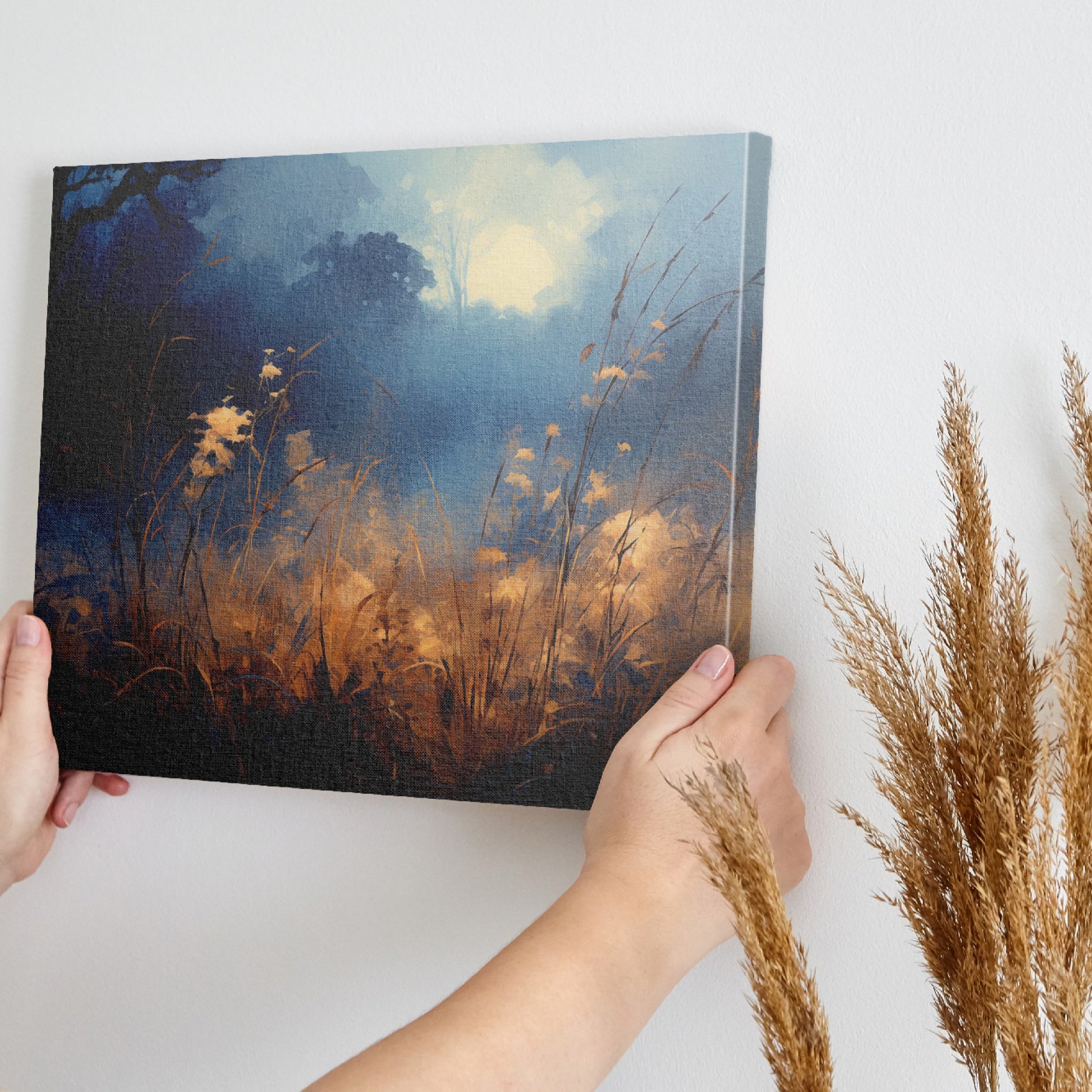 Framed canvas print of an impressionist landscape depicting a misty wilderness at sunrise with a blue and gold colour scheme