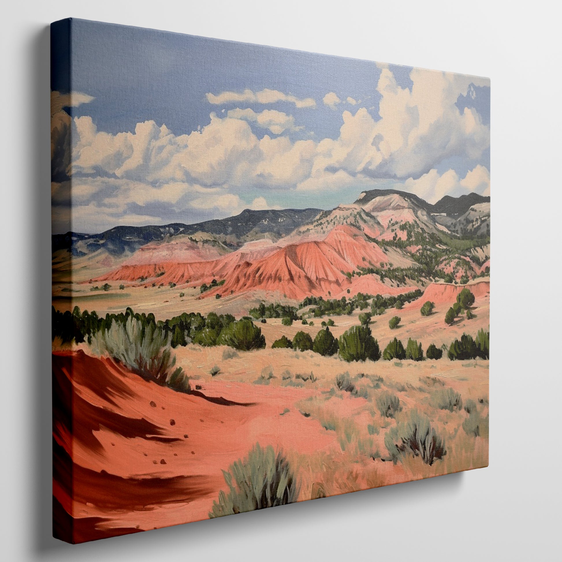 Framed canvas print of impressionistic desert hills with vivid red, earthy beige, and lush green tones