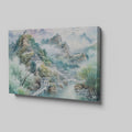 Framed canvas print of a tranquil Chinese landscape with misty mountains and historical architecture