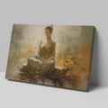 Framed canvas print of a meditative woman in peaceful surroundings with warm, autumnal colors