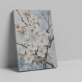 Framed canvas print of realistic cherry blossoms on a serene sky blue background