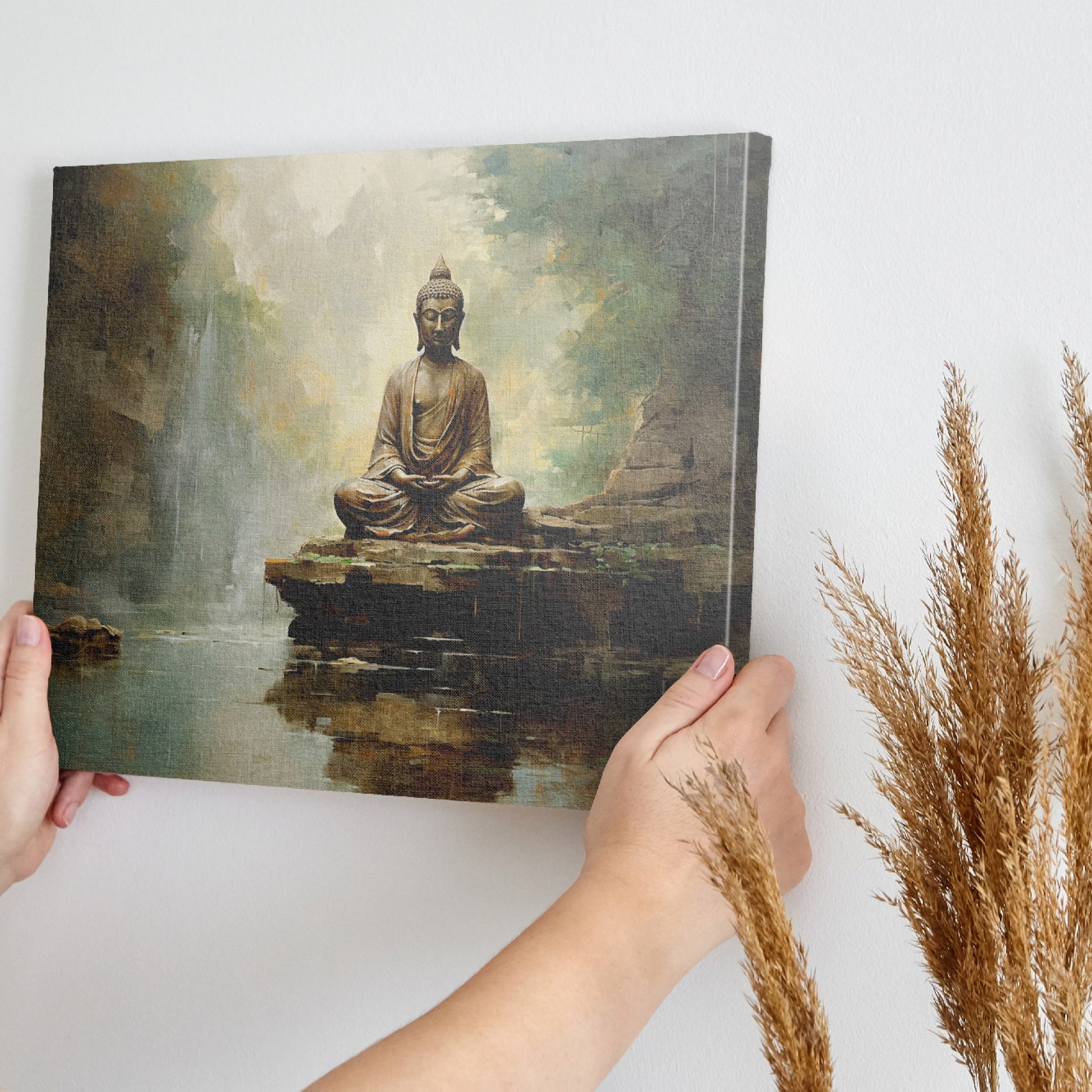 Framed canvas print of a serene Buddha statue in a Zen garden with waterfall